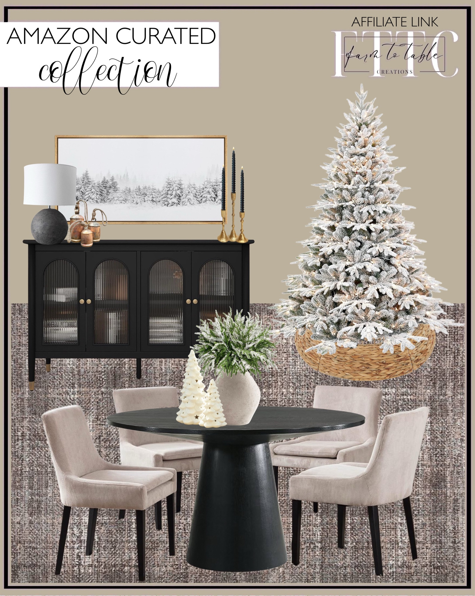 ✨🌲Amazon Curated Winter Collection. Follow @farmtotablecreations on Instagram for more inspiration.

Round Dining Table. Upholstered Dining Chairs. Loloi Angela Rose x Ember Graphite Area Rug. Sideboard Buffet Cabinet with 4 Glass Doors. Prelit Flocked Artificial Full Christmas Tree. Tree Collar. Artificial Pine Branches. Extra Large Framed Canvas Print Wall Art Winter Wonderland Snowy Pine Forest. Norfolk Pine Branches. 
Creative Co-Op Round Terracotta Canvas Shade, Distressed Grey Table Lamp. Gold Taper Candle Holders Set of 3, Vintage Decorative Resin Candlesticks.  Spiral Taper Candles. Ceramic Trees with Stars.  Dining Room. Dining Room Table. Amazon Holiday. Amazon 

#LTKHome #LTKSaleAlert #LTKFindsUnder50