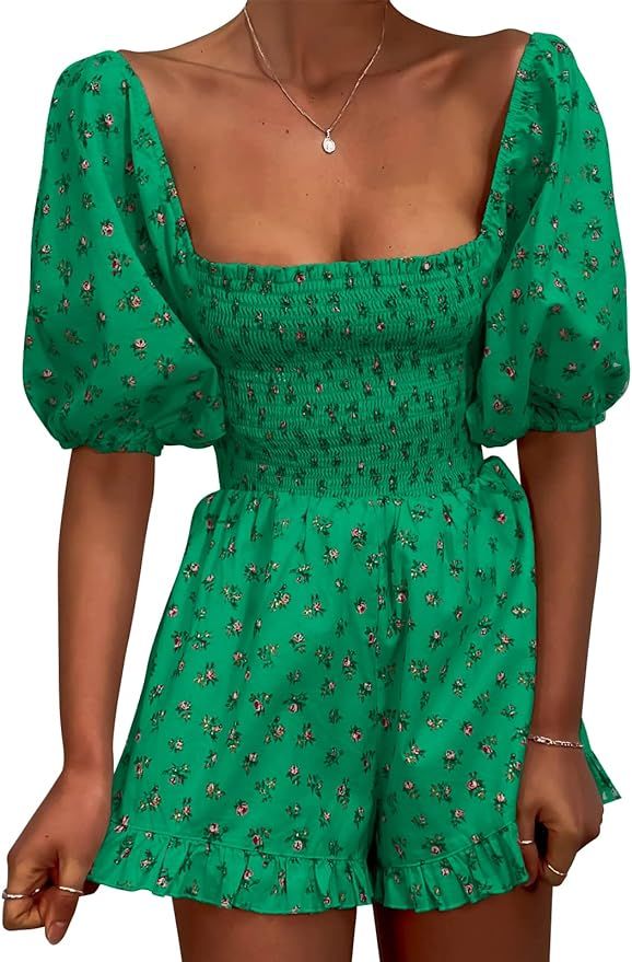 Jeanewpole1 Womens Floral Square Neck Smocked Romper Puff Sleeve Wide Leg Short Jumpsuit | Amazon (US)
