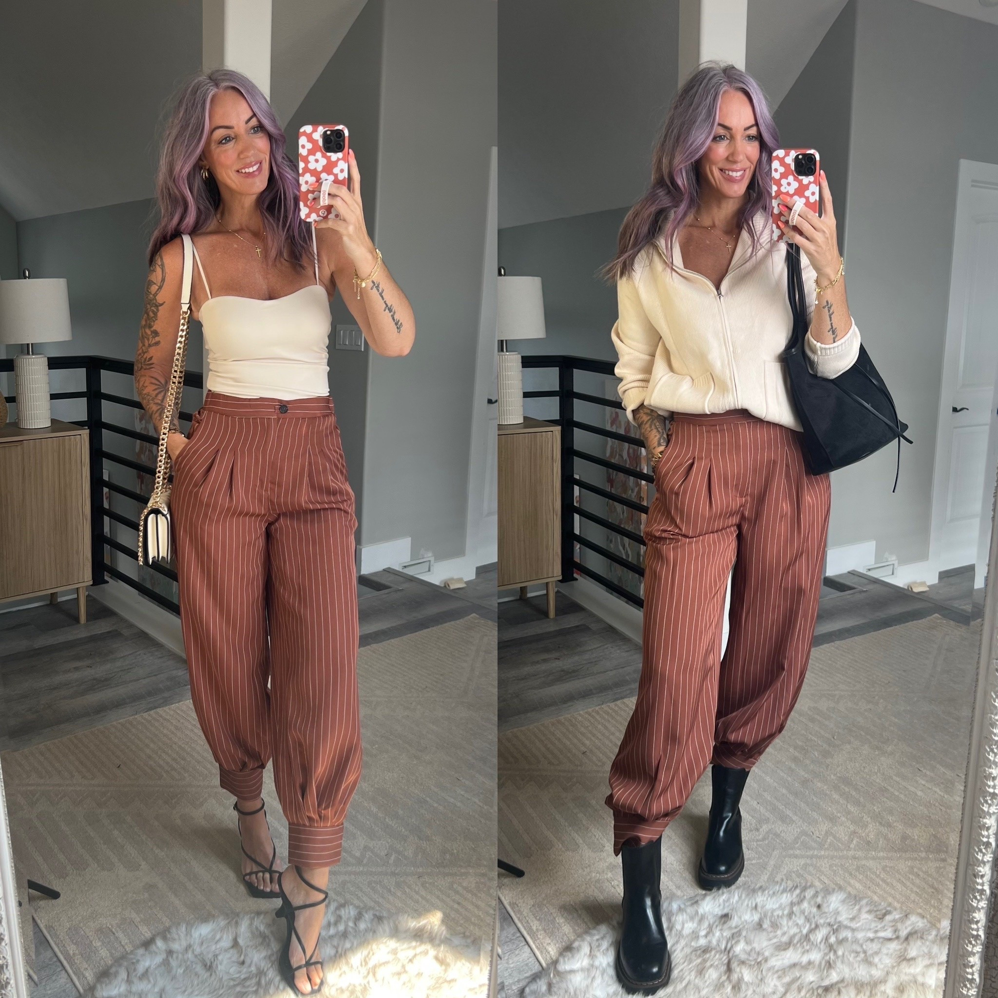 Wear it now and wear it later in the fall! Love these balloon leg trouser pants! Wearing size M. Tank has built in bra wearing size Small. Sweater is size M.

#LTKOver40 #LTKSeasonal