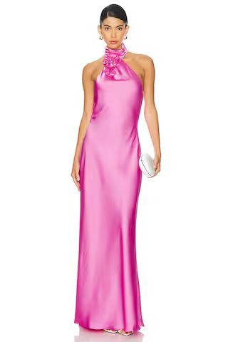 MISHA Teresa Rosette Detail Satin Gown in Purple Rose from Revolve.com | Revolve Clothing (Global)