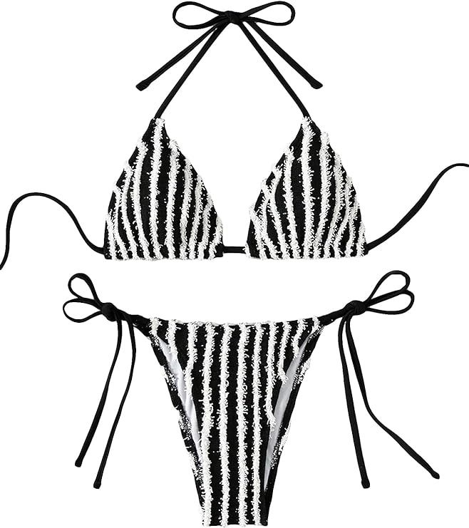SHENHE Women's 2 Piece Striped Triangle Bikini Sets High Cut Halter Swimsuit Bathing Suit | Amazon (US)