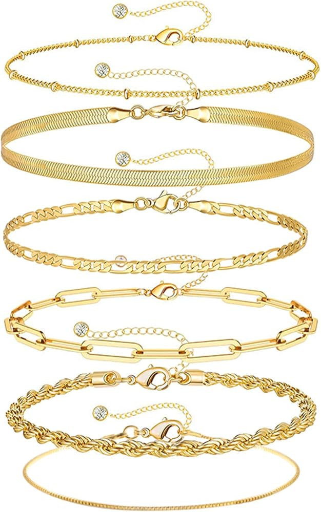 Gold Layered Bracelets for Women - 18K Gold Filled Layered Bracelets Bead CZ Rope Cuban Paperclip... | Amazon (US)
