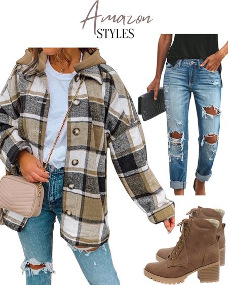 Amazon styles outfit idea, Amazon finds, women’s plaid jacket, ripped boyfriend jeans, crossbody purse bag, high waisted jeans, chunky combat winter boots, Amazon sales, button up coat, hooded coat

#LTKunder50 #LTKstyletip #LTKsalealert