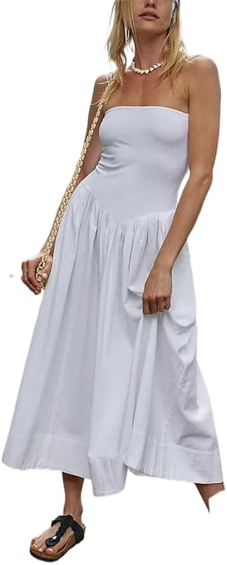 Women Casual Strapless Tube Long Dress Y2k Off Shoulder Sleeveless Backless A-Line Midi Dress Ret... | Amazon (US)