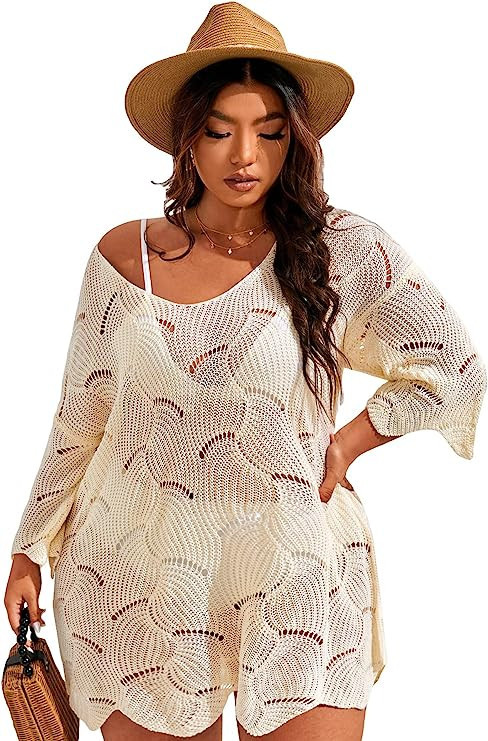 MakeMeChic Women's Plus Size Crochet Swimsuit Cover Up Sheer Beach Dress | Amazon (US)