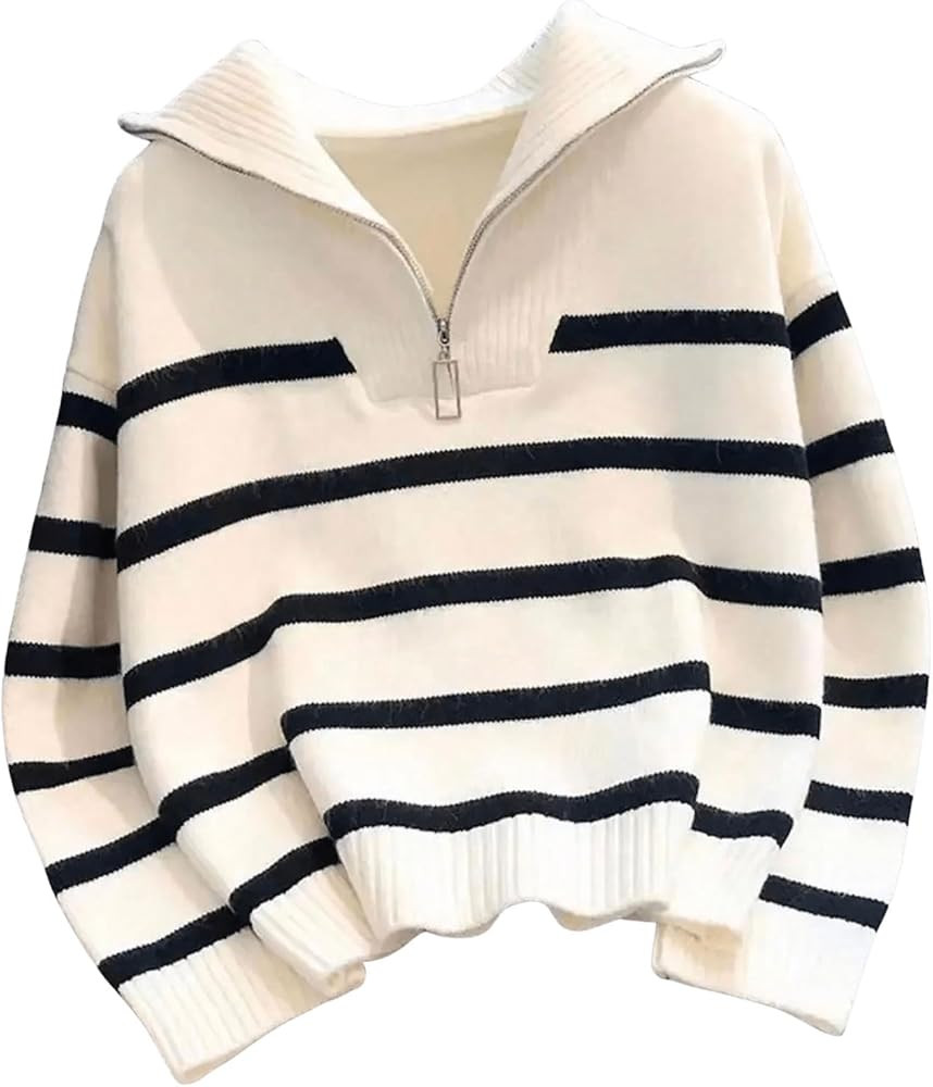 GORGLITTER Women's Collared Half Zip Sweater Tops Striped Long Sleeve Drop Shoulder Fall Chunky S... | Amazon (US)