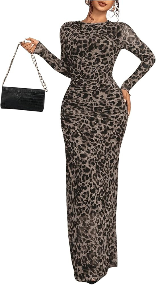 Women's Y2k Leopard Print Mesh Sheer Bodycon Maxi Dresses Cheetah Long Sleeve Elegant Formal Wedd... | Amazon (US)