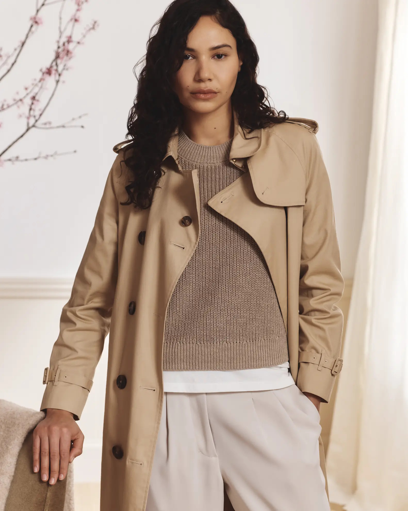 Comfort Stretch Long Trench Coat in Light Khaki | Quince