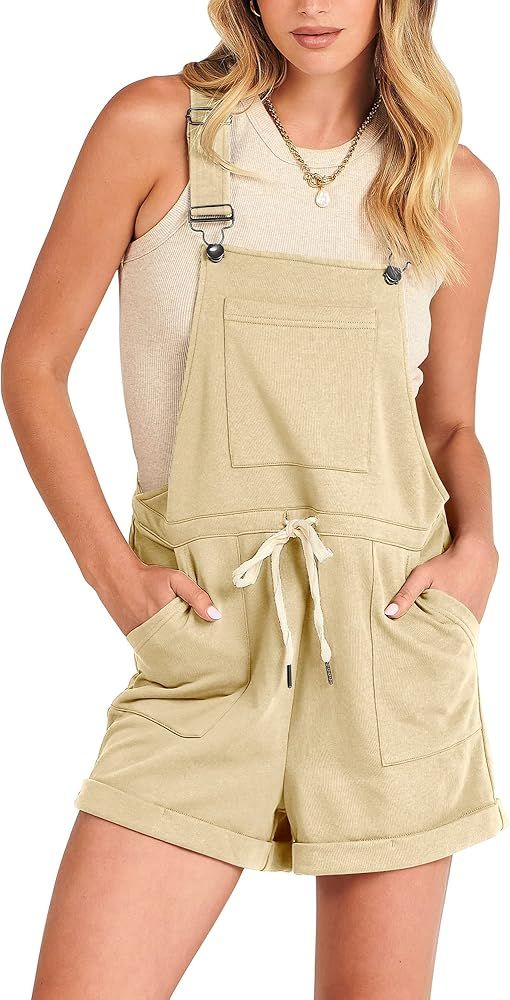 ANRABESS Women's Casual Straps Short Bib Overalls Basic Sleeveless Drawstring Romper Jumpsuits | Amazon (US)
