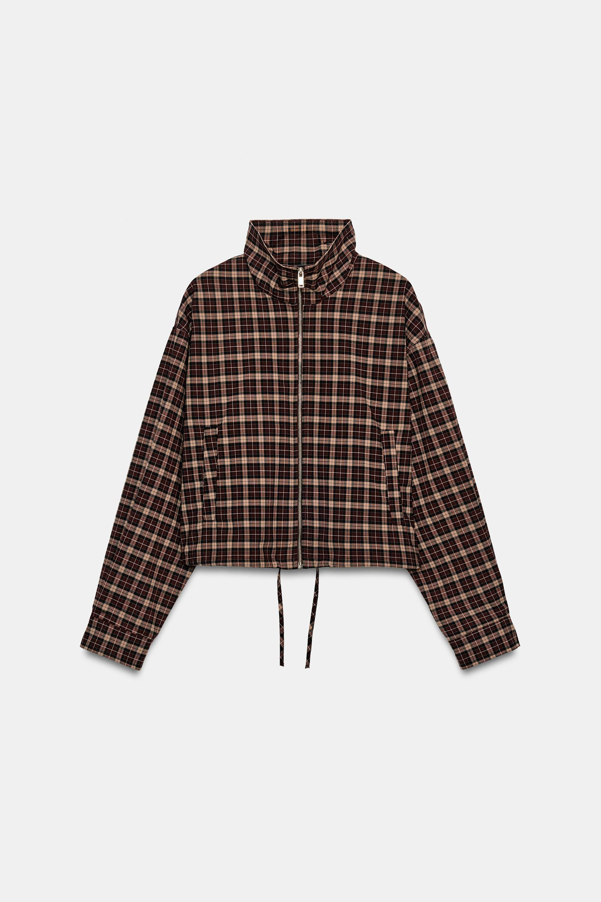 Zara - Plaid Zip-Up Jacket - Maroon - M - Woman | Zara US