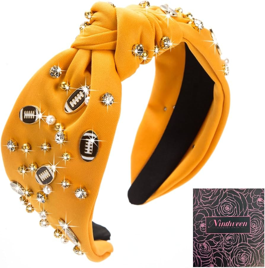 Women's Fashion Football Headband Black Red Orange Blue Pearl Rhinestone Jeweled Knotted Headband... | Amazon (US)