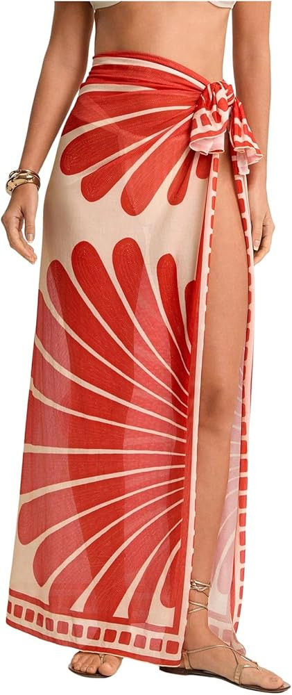 SweatyRocks Women's Sheer Sarong High Slit Swimsuit Coverups Floral Print Tie Side Beach Maxi Ski... | Amazon (US)