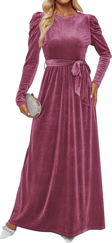 ZESICA Women's Velvet Maxi Dress Long Puff Sleeve Crew Neck Elastic High Waist Cocktail Party Bri... | Amazon (US)