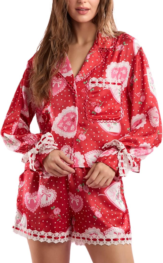 Women Valentine's Day Pajamas Set Bow Tie Long Sleeve Shirt Ruffle Shorts Cute Heart Print 2 Piec... | Amazon (US)