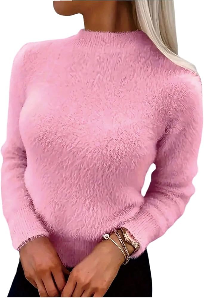 Floerns Women's Fuzzy Mohair Fall Sweater Long Sleeve Mock Neck Knit Cozy Pullover Jumper Tops | Amazon (US)