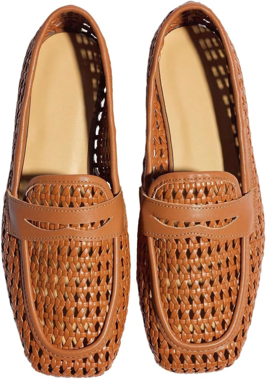 OYOANGLE Women's Summer Hollow Out Woven Ballet Flats Closed Square Toe Slip On Casual Flat Loafer Mule Shoes | Amazon (US)
