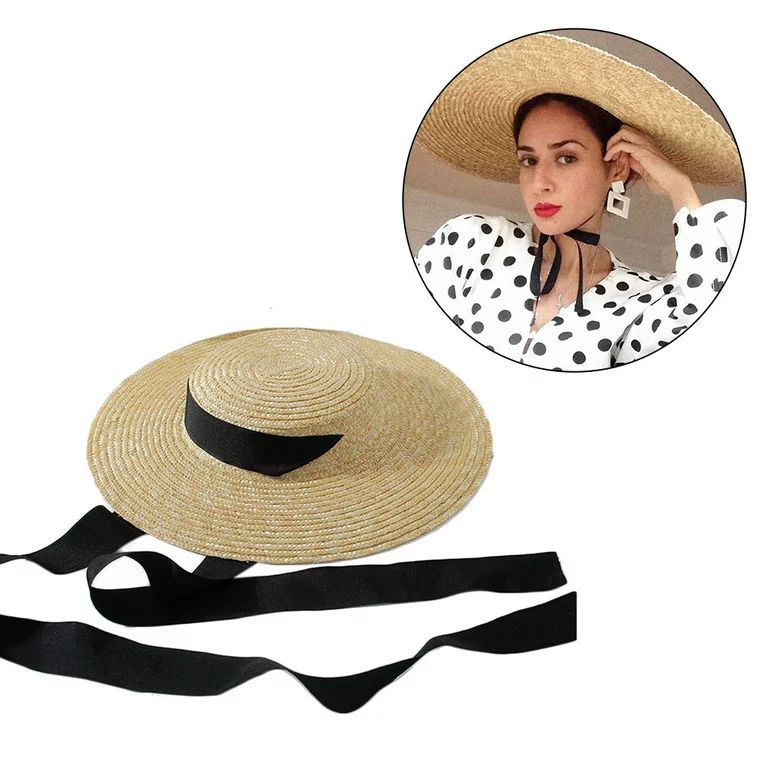 Womens Summer Large Wide Brim Flat Top Straw Sun Hat Vintage Long Ribbon Chin Strap Travel Sunscr... | Walmart (US)
