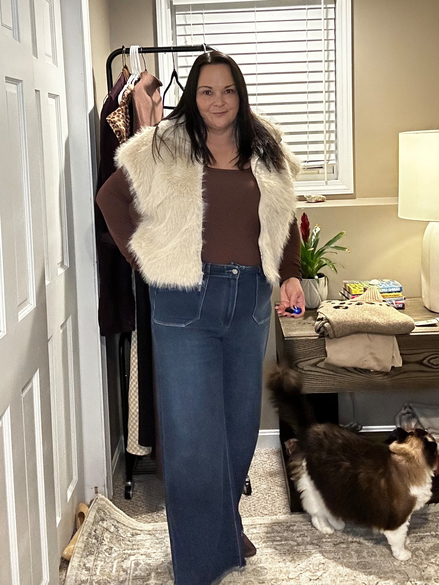 Faux-fur vest outfit 🤎
A cozy winter look with a faux-fur vest, wide-leg jeans, and a fitted long-sleeve top.
Great for casual winter days, date night, or holiday season.
Midsize 14/16 — 5’4”

Keywords: faux fur vest, winter outfit, wide leg jeans, midsize outfit, casual winter style, teacher mom style, brown top, fall outfit inspo, holiday outfit ideas

#LTKMidsize #LTKmomlife #LTKootd