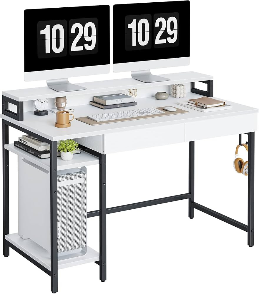 CubiCubi Computer Desk with 2 Wood Storage Drawers, 47" Home Office Desk with Monitor Stand and S... | Amazon (US)