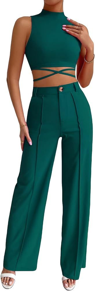 MakeMeChic Women's 2 Piece Outfits Mock Neck Criss Cross Crop Tank Top and Wide Leg Pants Set | Amazon (US)