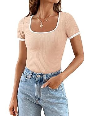 PRETTYGARDEN Womens Summer Casual Short Sleeve Ribbed Knit Square Neck Color Block Slim Fit Basic... | Amazon (US)