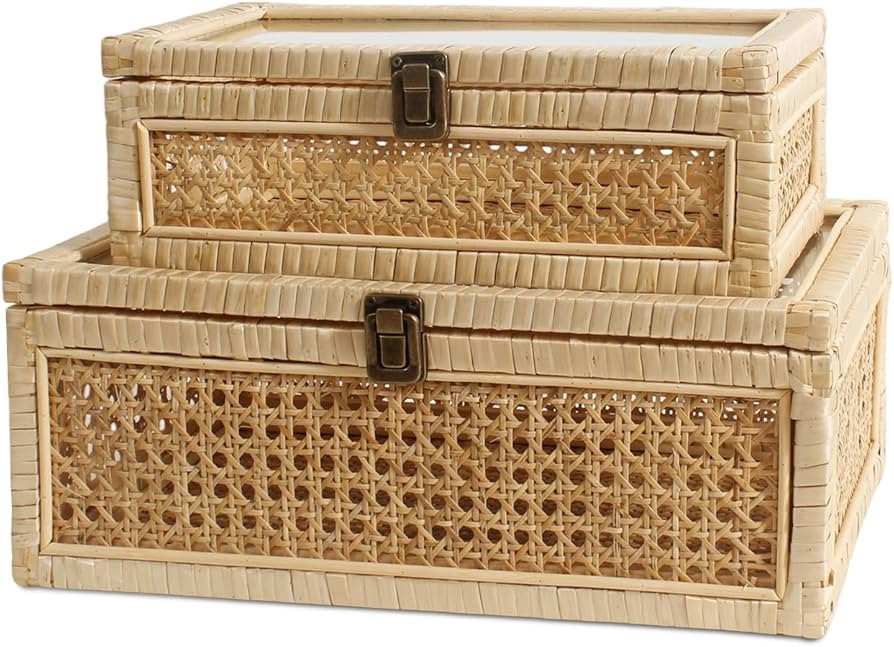 Rattan Decorative Boxes with Glass Lids,Set of 2 Woven Boxes with Lids for Home Decor,Stacking Bo... | Amazon (US)