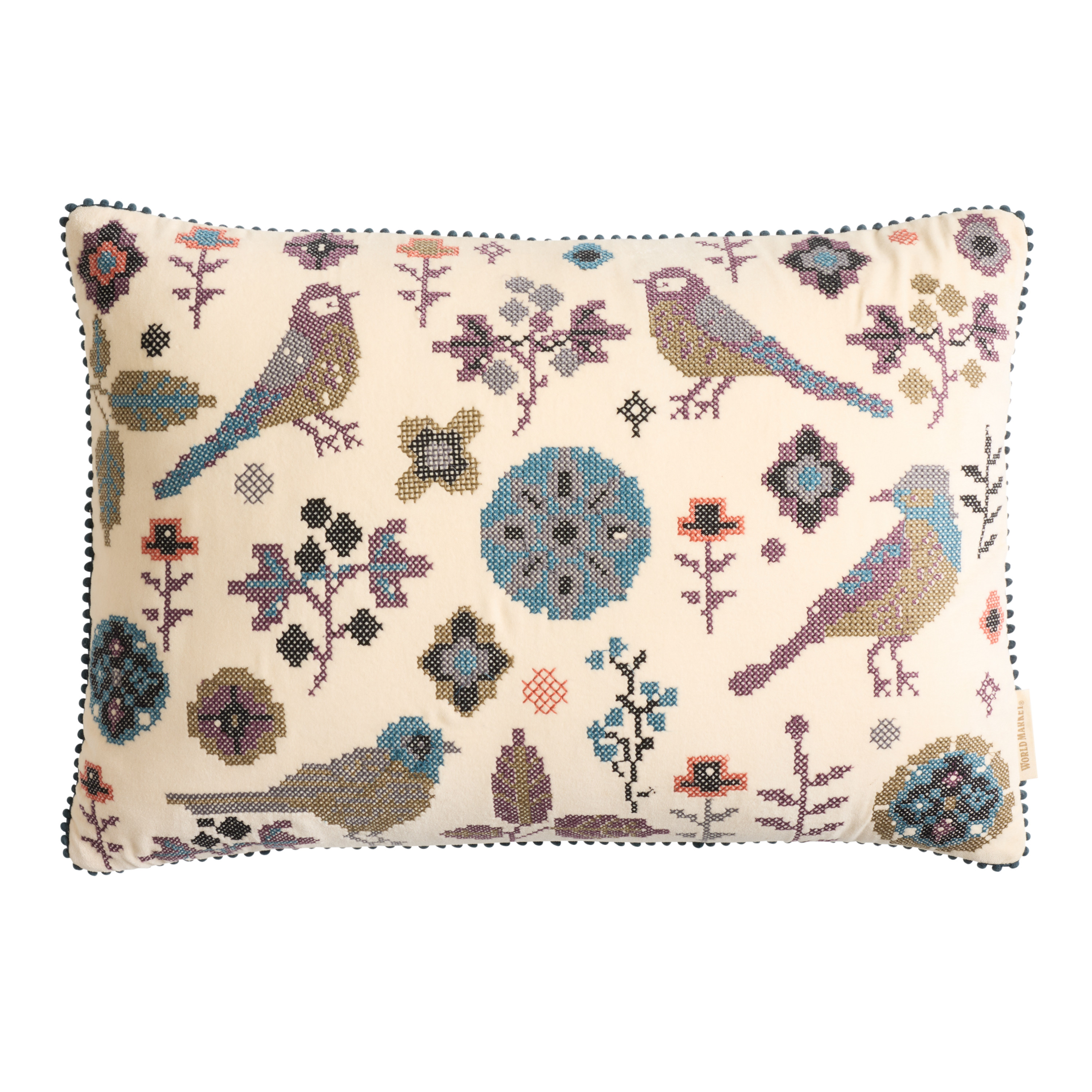 Ivory and Blue Velvet Needlepoint Bird Floral Lumbar Pillow | World Market