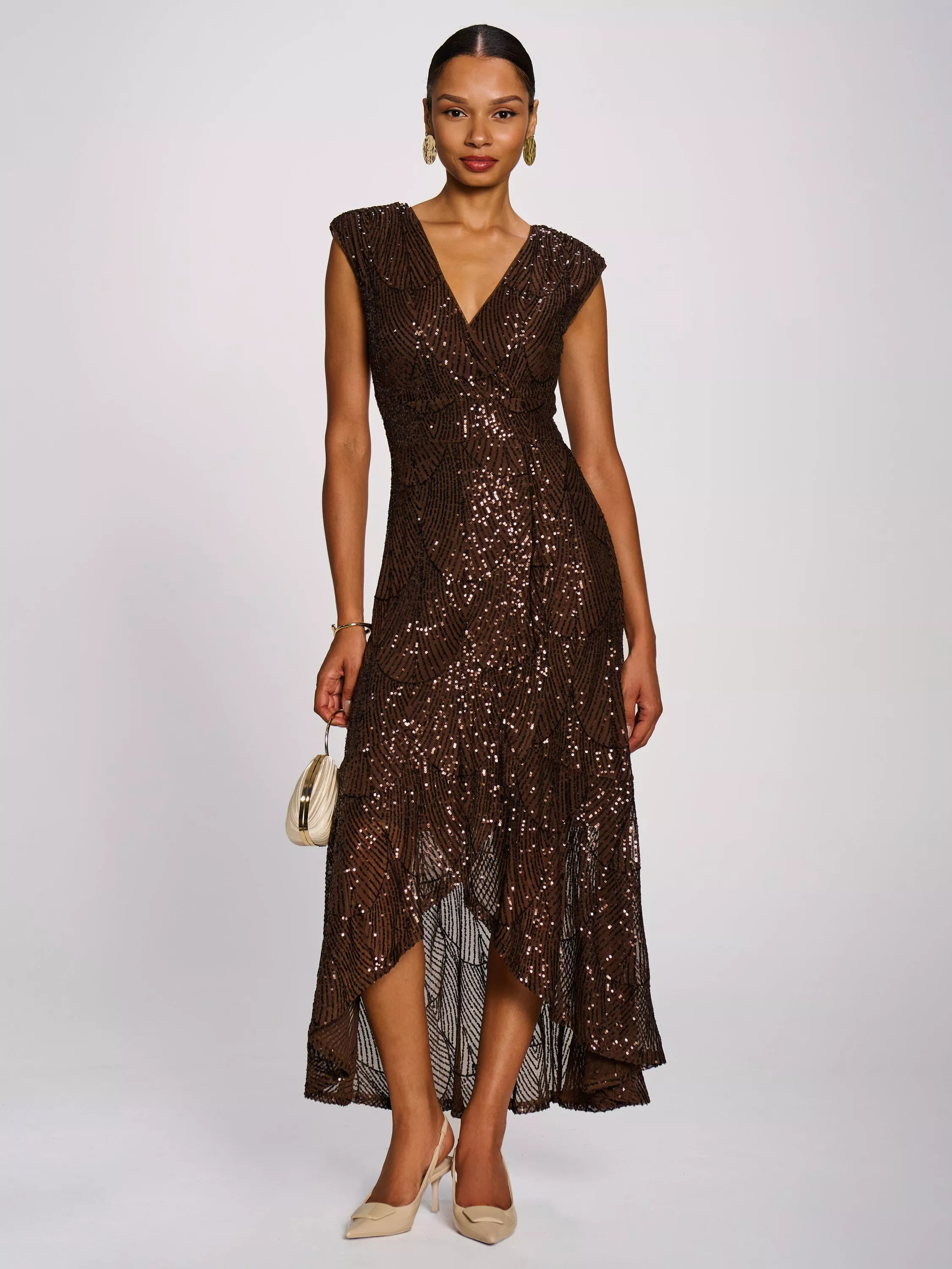 Jolie Moi Sequin Sleeveless V-Neck Flare Hem Maxi Dress, Chocolate Brown | John Lewis (UK)