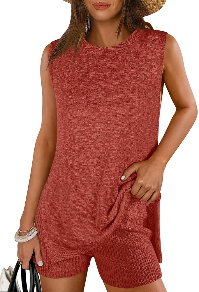 ANRABESS Women Summer 2 Piece Outfits Sleeveless Knit Sweater Top & Shorts Soft Lounge Sets Trave... | Amazon (US)