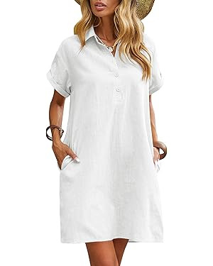 Zeagoo Womens Cotton Shirt Dress Summer Casual Short Sleeve Button Down Beach Cover Up Shirts wit... | Amazon (US)