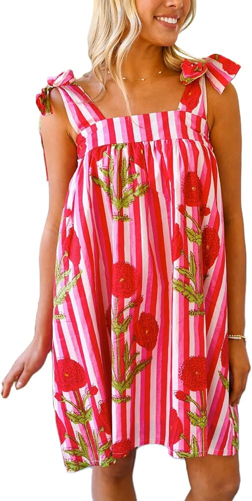Women Boho Floral Mini Dress Tie Shoulder Babydoll Dress Square Neck Flowy Sundress Summer Going ... | Amazon (US)