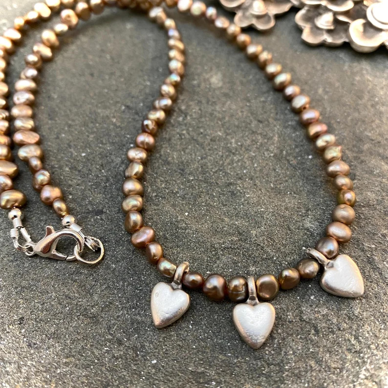 Valentine's Day Heart Necklace, Dainty Fresh Water Pearls, Silver Heart Charm Necklace - Etsy | Etsy (US)