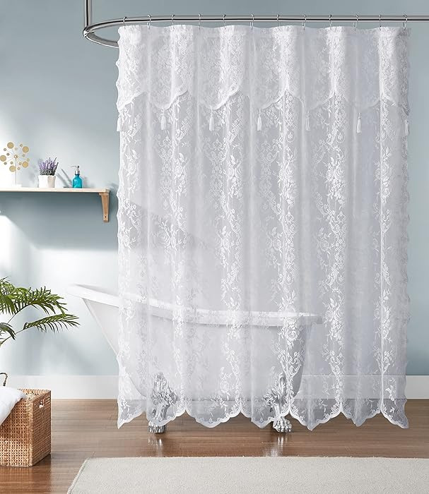 Warm Home Designs White Lace Shower Curtain 72 x 96 Inches with Attached Valance & 7 Tassels. Lux... | Amazon (US)