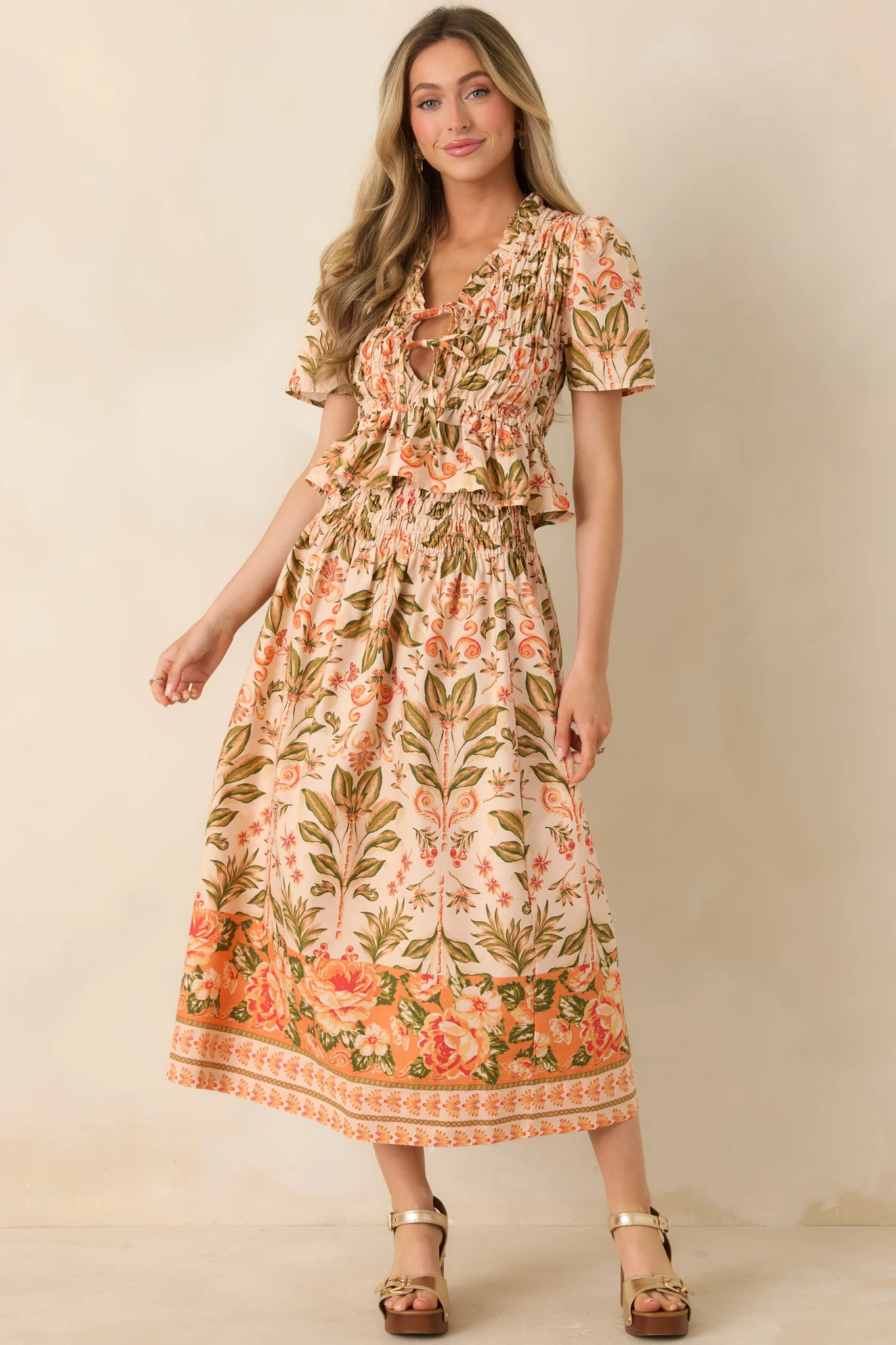 Bloom With Me Peach & Meadow Green Floral Smocked Cotton Top | Red Dress