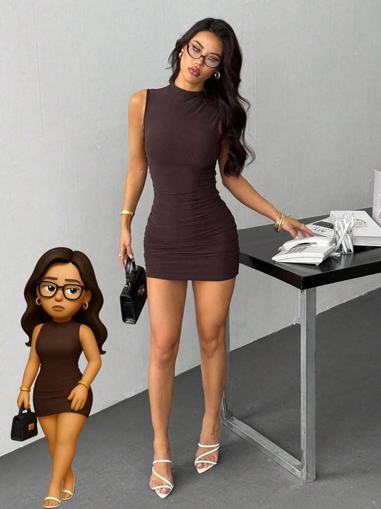 SHEIN PETITE Casual Fashionable Sexy Fitted Solid Color Sleeveless Women Dress Mini Brown Short Dress Office Outfit Mini Dress Office Dress,Elegant Dresses For Women | SHEIN