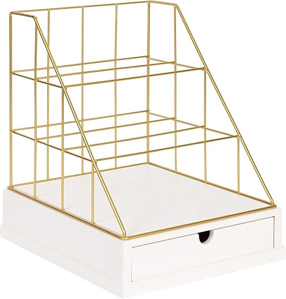 Kate and Laurel Benbrook Metal and Wood Letter Tray Desk Organizer, White and Gold | Amazon (US)