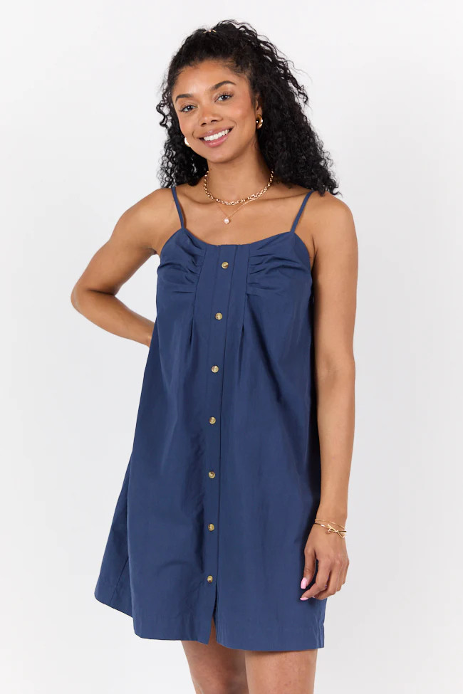 No Looking Back Navy Button Front Dress | Pink Lily