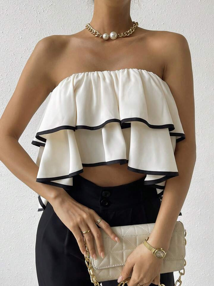 SHEIN Privé Contrast Binding Ruffle Trim Tube Top | SHEIN