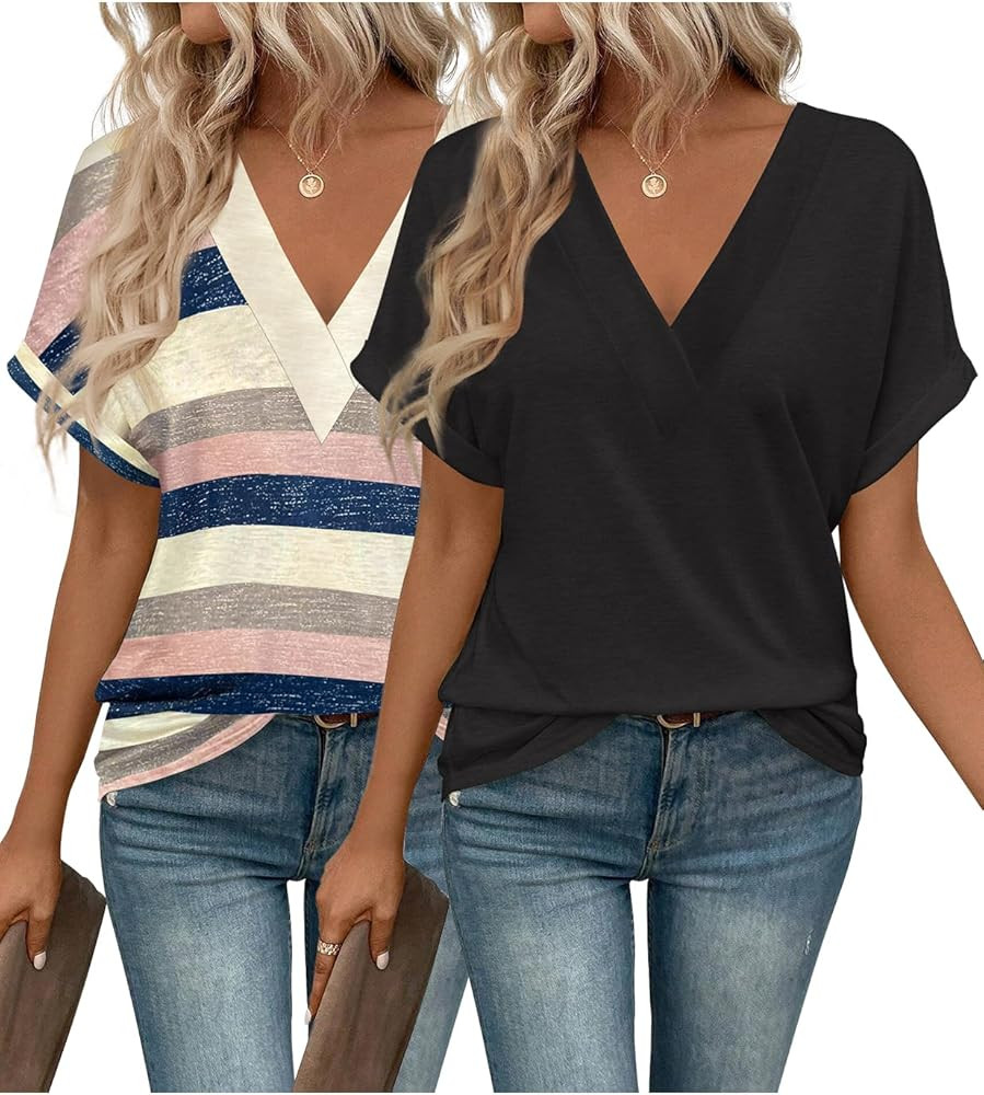 2PCS T Shirts Short Sleeve V Neck Tees Womens Fashion Tops Trendy Soft 2025 Casual Summer Spring ... | Amazon (US)