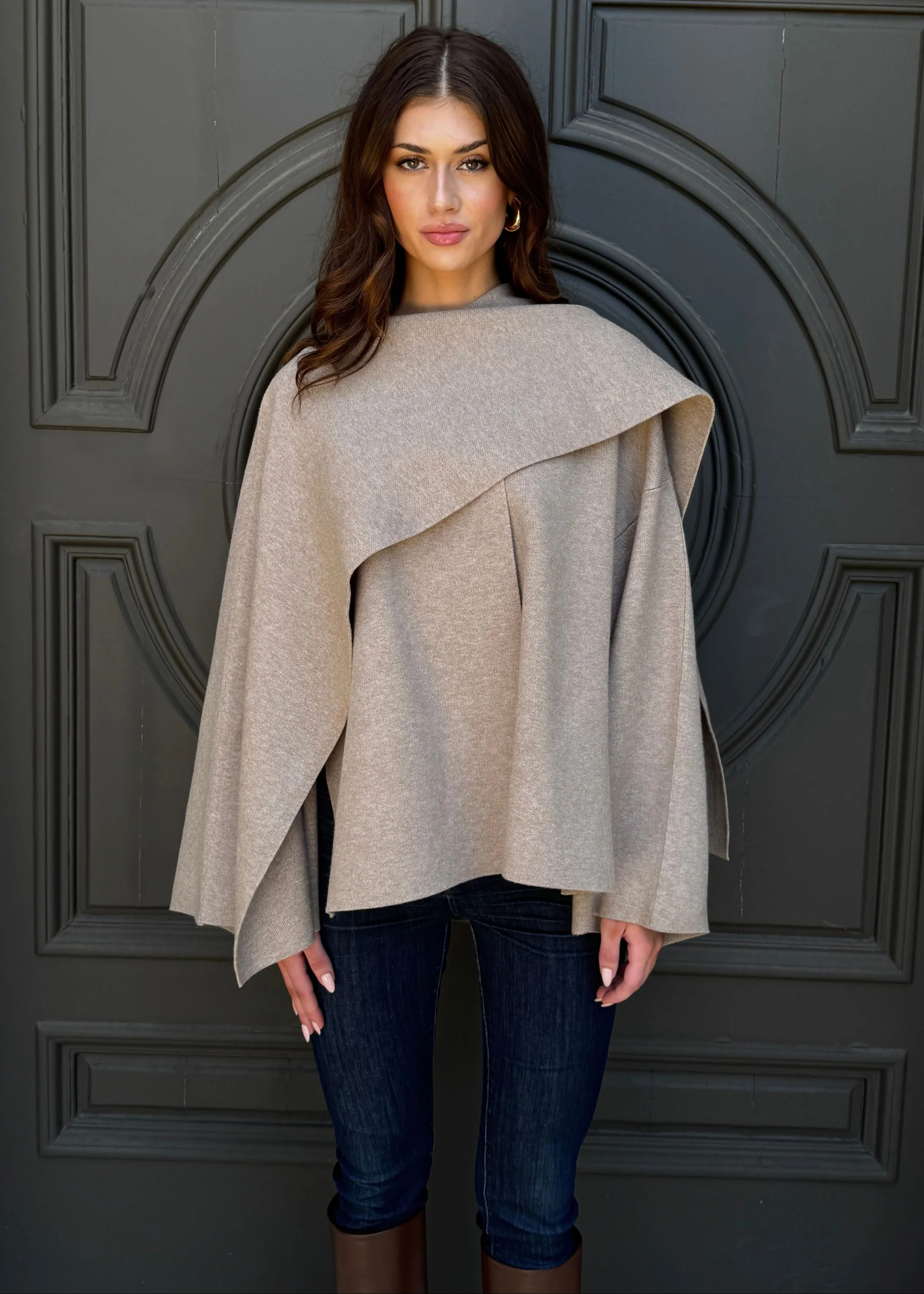 Adira Asymmetrical Cape Jacket with Attached Shawl - Black | Benaar La