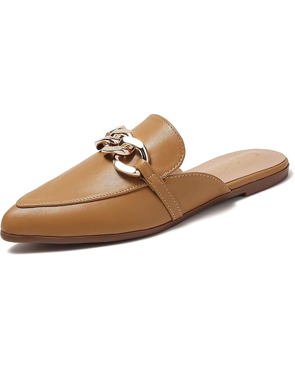 EasySmile Metal Chain Decor Flat Mules for Women Closed Pointed Toe Slip on Loafers Slides Backle... | Amazon (US)