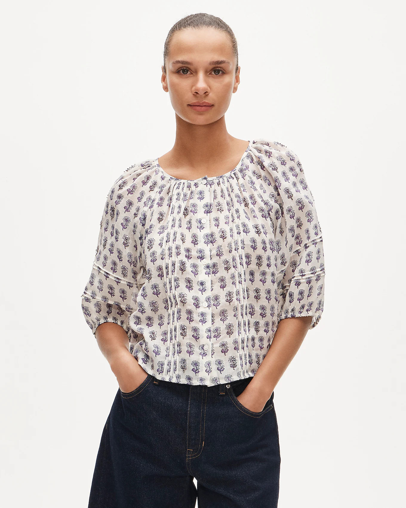 Puff-sleeve top in embellished lilac block-print ramie | J. Crew US