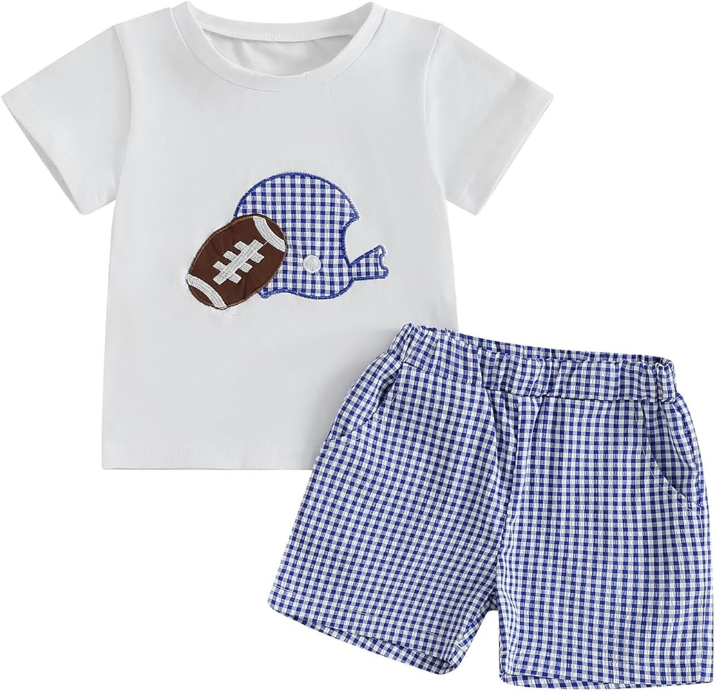 Adobabirl Toddler Baby Boy Football Outfit Rugby Embroidery Short Sleeve Tshirt with Plaid Shorts... | Amazon (US)