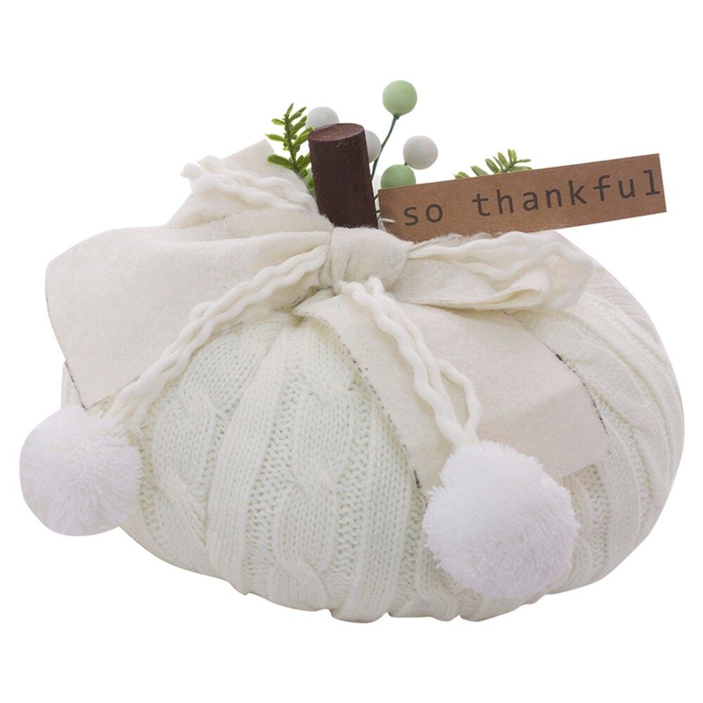 5.5" White Knit Pumpkin with Pom Poms Decoration (White) | Bed Bath & Beyond