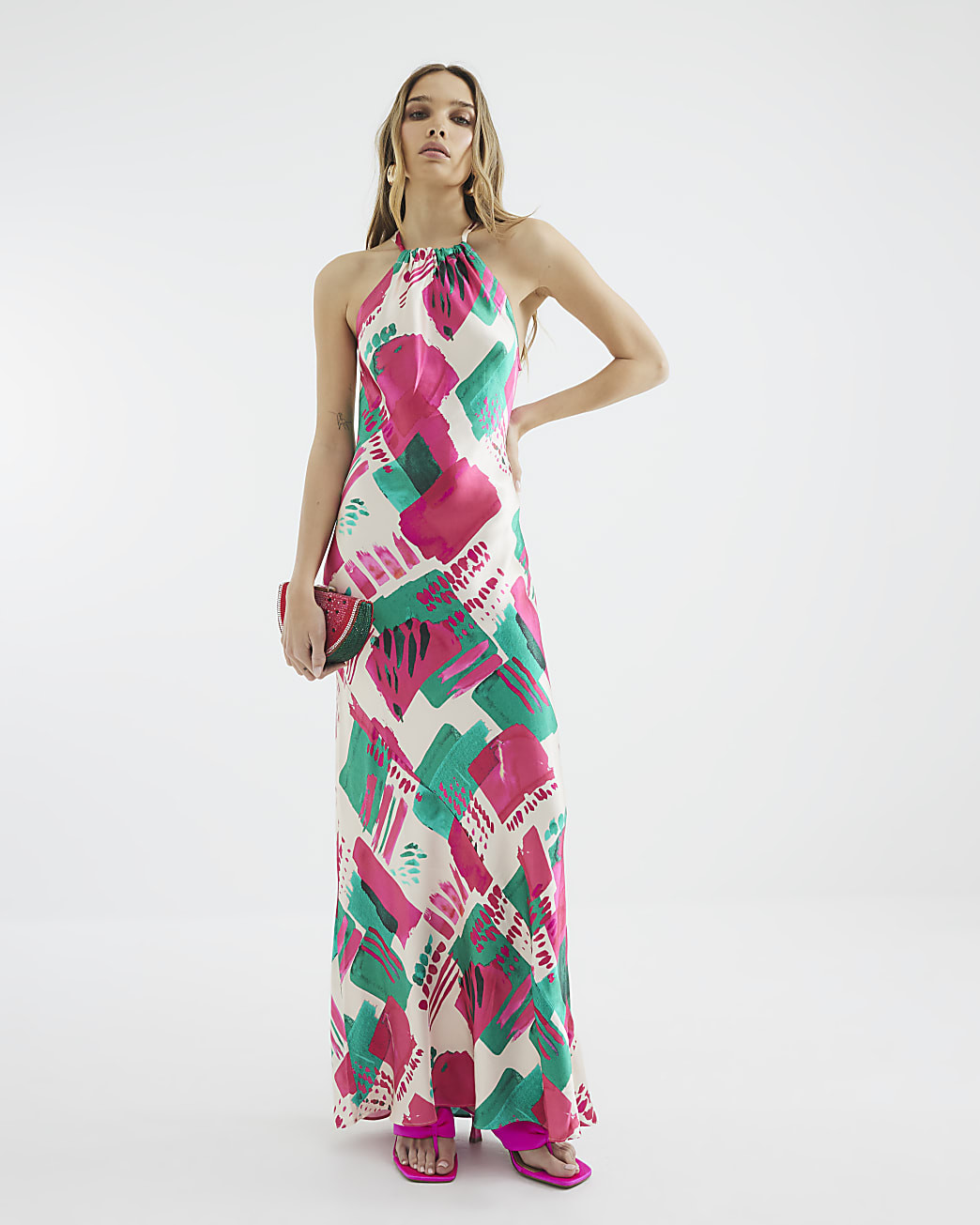 Pink Print Halter Neck Maxi Slip dress | River Island UK & IE