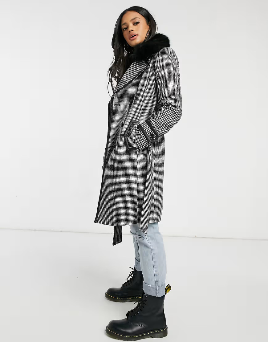 Morgan contrast trim check coat with faux fur trim collar in multi | ASOS (Global)