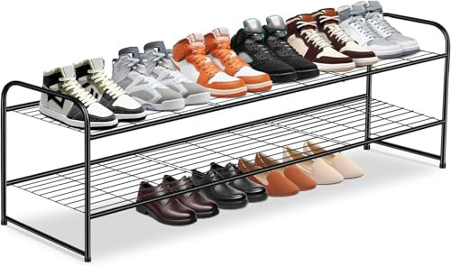 KEETDY 2-Tier Long Shoe Organizer for Closet Metal Shoe Rack for Entryway, Wide Stackable Shoe Shelf Storage with Sturdy Wire Grid for Closet Floor, Bedroom, Black | Amazon (US)