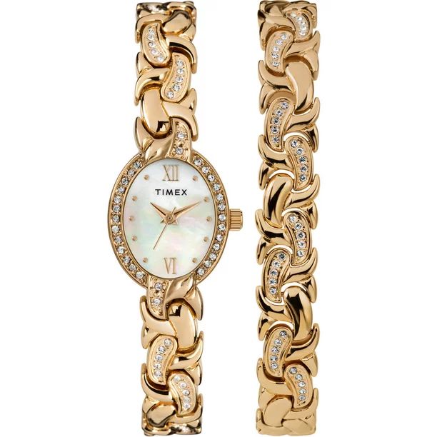 Timex Women's Dress Crystal 19mm Watch & Bracelet Gift Set – Mother-of-Pearl Dial Gold-Tone Bra... | Walmart (US)