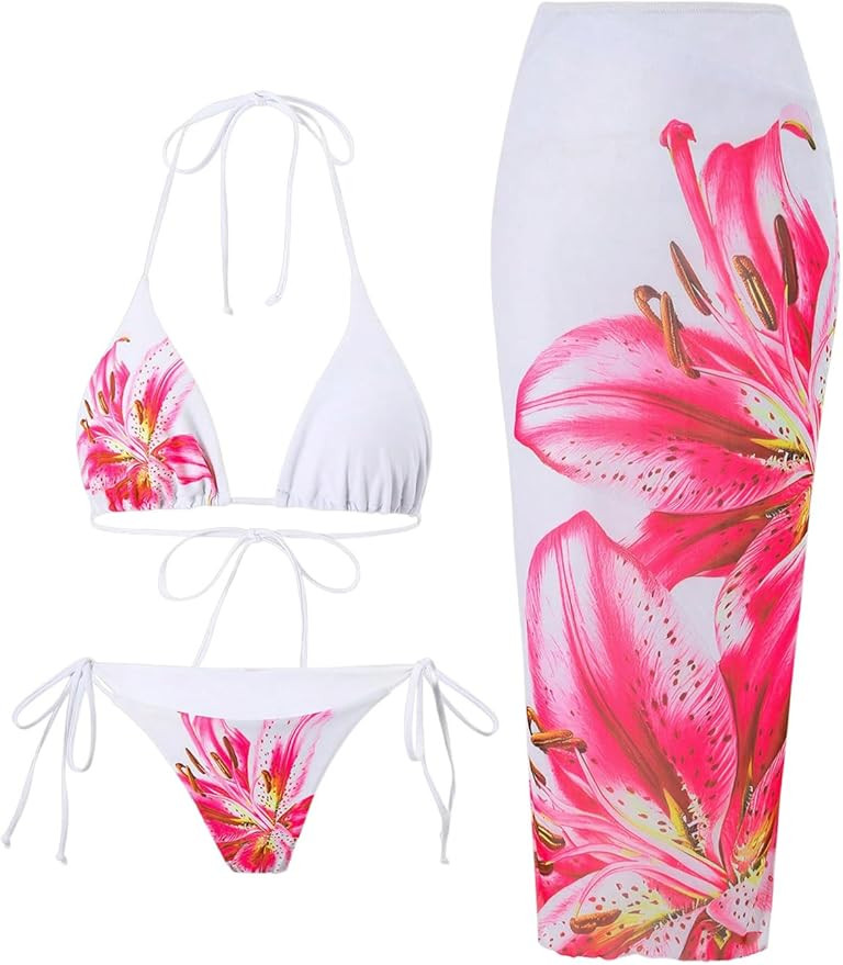 MakeMeChic Women's Halter Triangle Bikini Sets Floral 3 Piece Swimsuit Bathing Suit Cover Up Long... | Amazon (US)