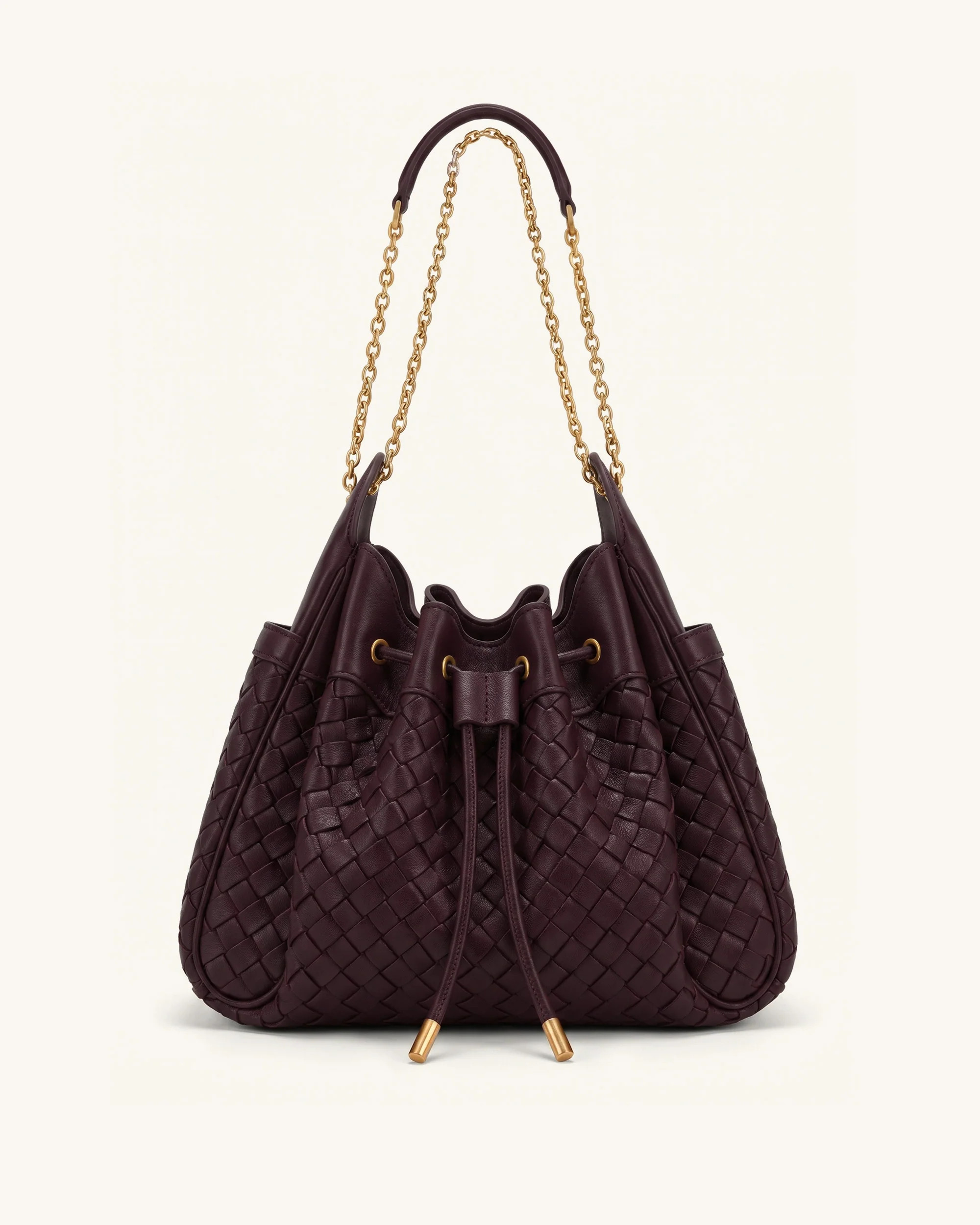 Rowan Weaving Ruched Drawstring Chain Bucket Bag - Dark Cherry | JW PEI US